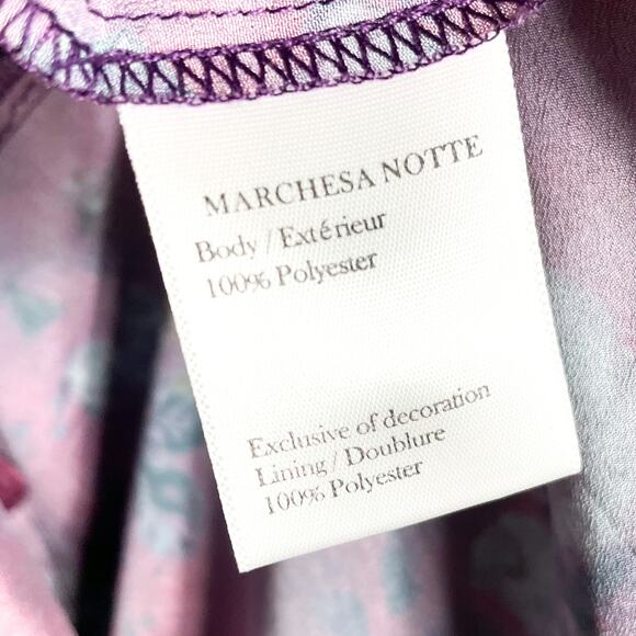 Marchesa Floral Midi Dress Purple Printed Chiffon Tiered Neck Tie Sz 2 Women - Picture 10 of 12